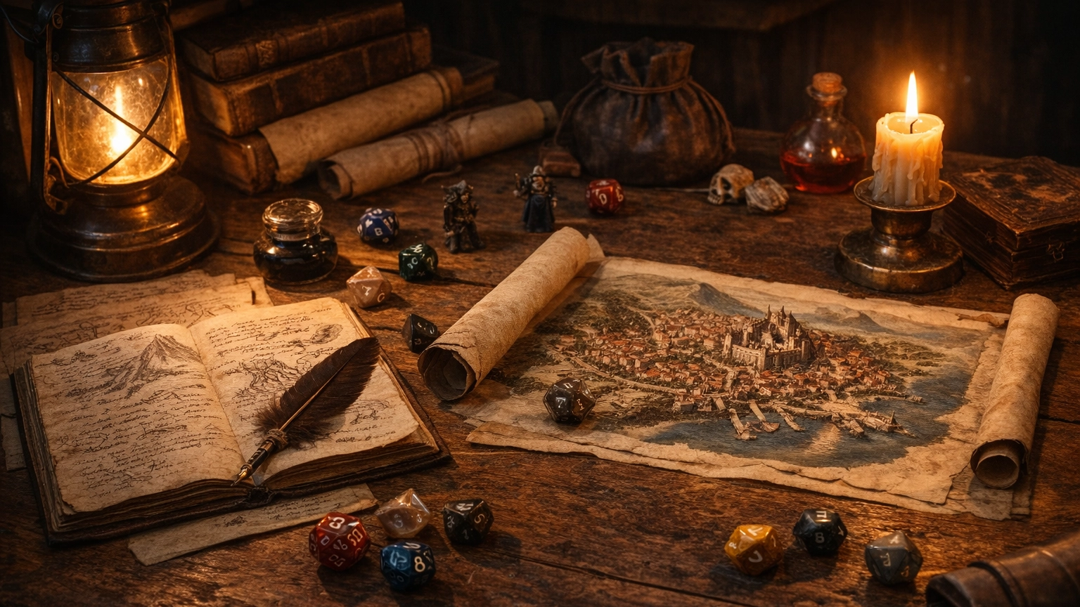 A Dungeon Master’s preparation table with notes, dice, and maps laid out before a tabletop RPG session