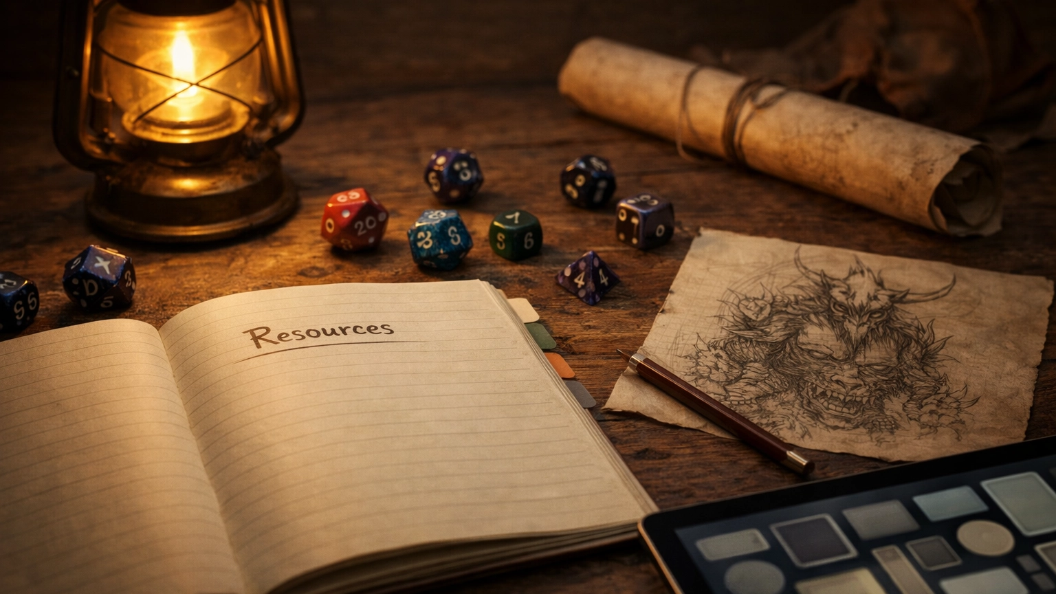 Dungeons and Dragons resources hub with dice, maps, and a Dungeon Master’s reference table.