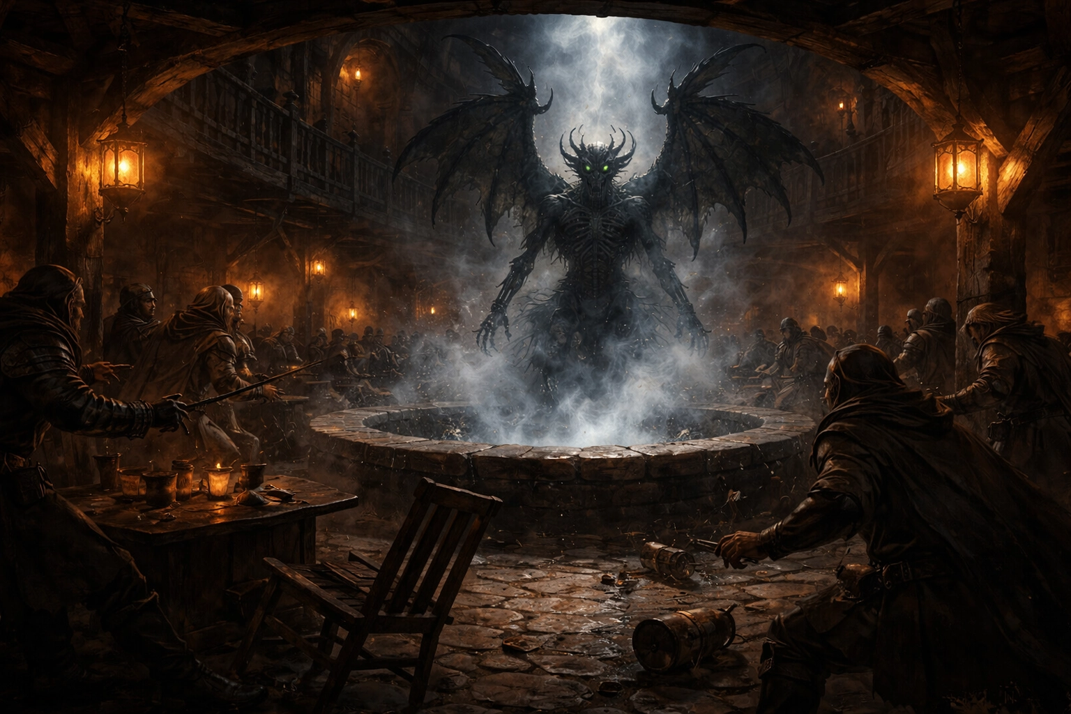 A torchlit fantasy tavern with a central well as a skeletal-winged fiend rises from the darkness while patrons recoil in fear.