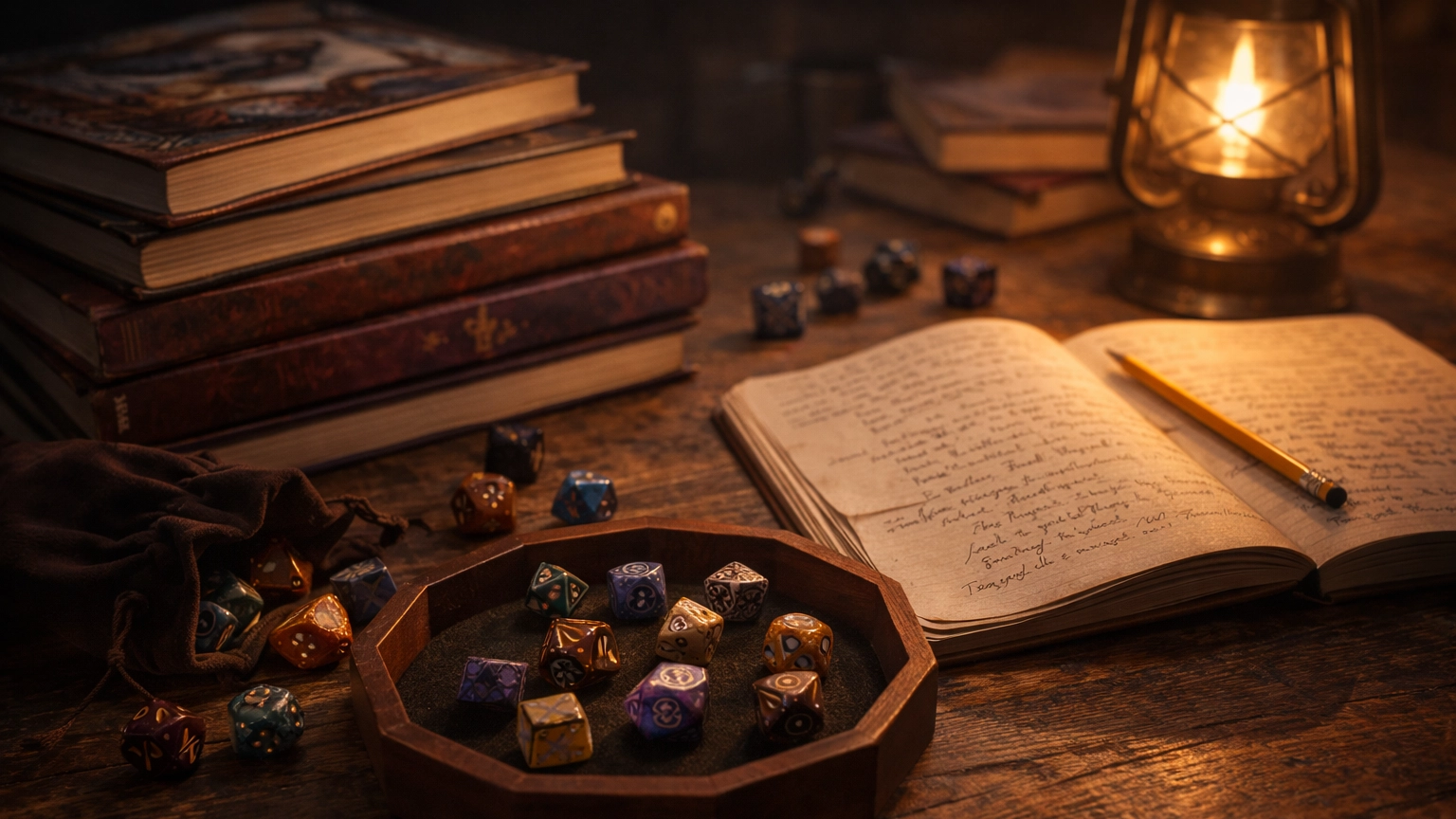 Tabletop roleplaying game products arranged for review on a wooden table with dice, books, and notes under warm lantern light