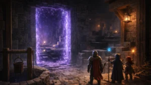 Adventurers discover an amethyst-glowing portal in a dry well beneath Phandalin, leading into the block-built world of Aetheria.