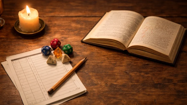 A simple Dungeon Master tabletop setup with dice, a rulebook, and notes on a wooden table, showing a calm and minimal approach to DM tools.