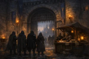 Adventurers arriving at the gates of Waterdeep under guard scrutiny at dusk