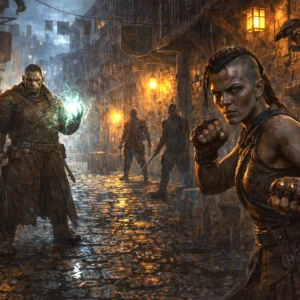 Fantasy urban alley scene with multiple hostile faction members preparing for combat, including an orc spellcaster, human brawler, goblin scout, and kenku
