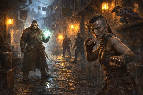 Fantasy urban alley scene with multiple hostile faction members preparing for combat, including an orc spellcaster, human brawler, goblin scout, and kenku