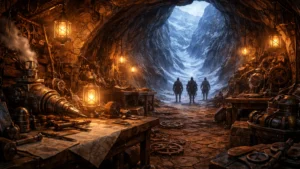 Adventurers leaving the gnomish stronghold of Gnomengard, heading toward the icy mountains of Icespire Peak