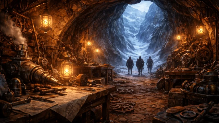 Adventurers leaving the gnomish stronghold of Gnomengard, heading toward the icy mountains of Icespire Peak