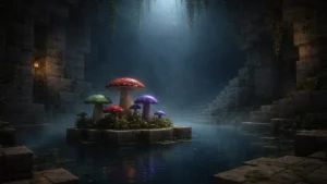 A misty, blocky cavern with a still pool and colorful mushrooms in the Minecraft-themed world of Aetheria, setting the tone for Voxels & Valor Session 7.