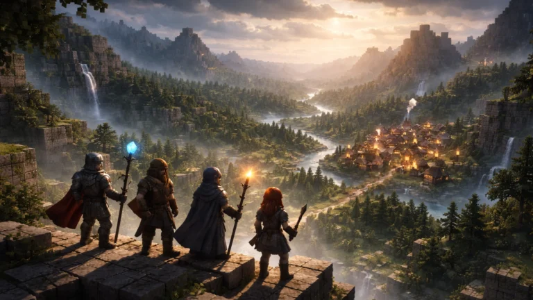 Adventurers gaze out over the block-shaped world of Aetheria for the first time