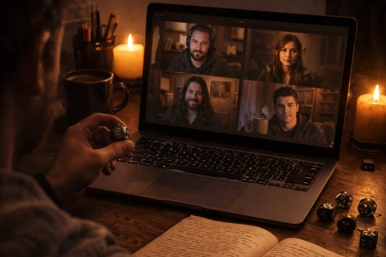 Dungeon Master running a remote D&D session using a laptop, notebook, and physical dice