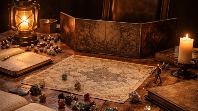 An empty Dungeon Master’s chair at a tabletop RPG table, surrounded by dice and notes, symbolizing the start of a new DM’s journey.