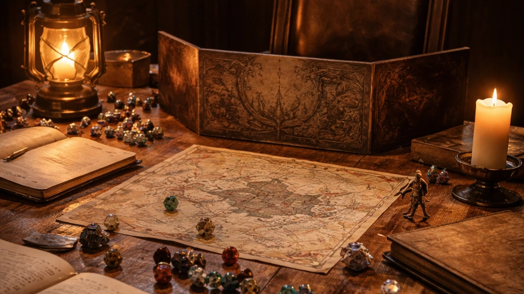 An empty Dungeon Master’s chair at a tabletop RPG table, surrounded by dice and notes, symbolizing the start of a new DM’s journey.