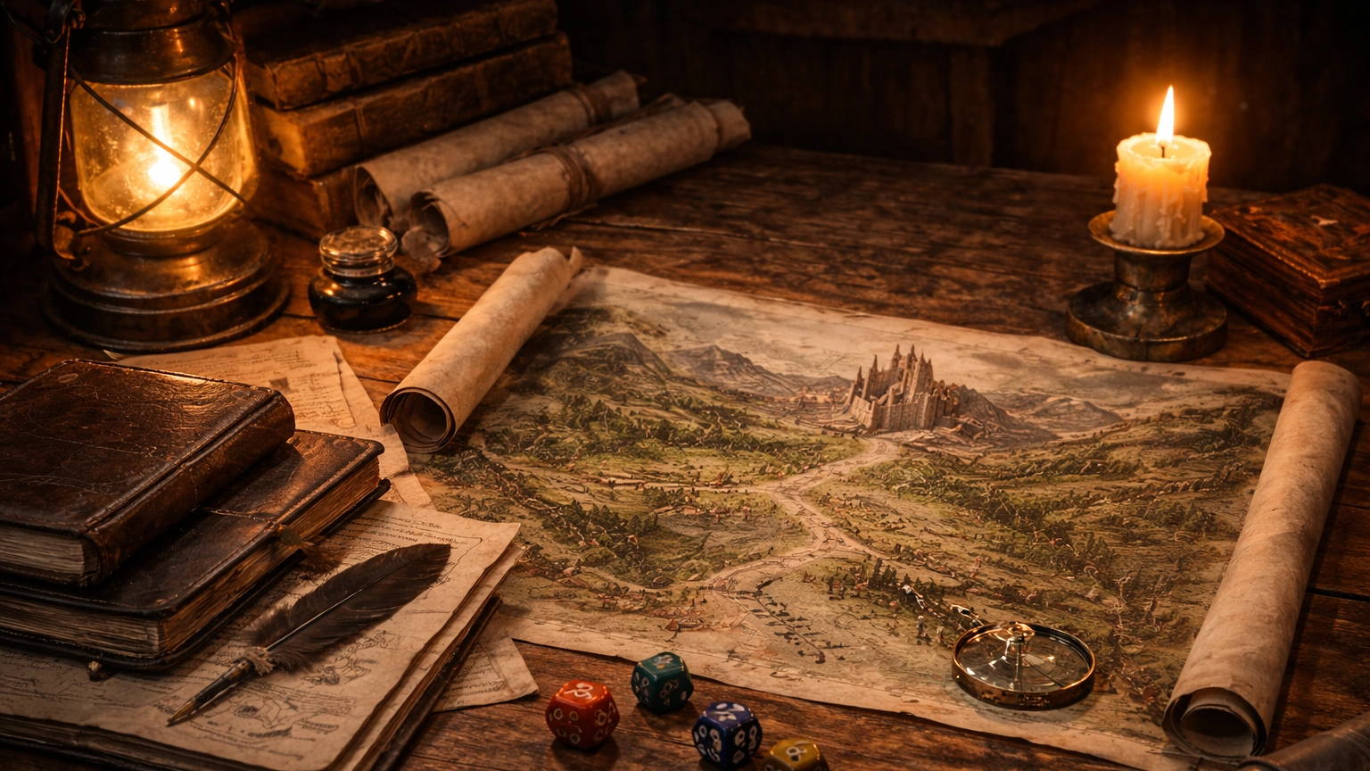 A cinematic tabletop scene showing a road map and lantern-lit notes symbolizing the journey to Waterdeep in a D&D campaign.