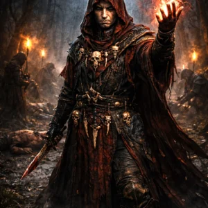 Bhaal Cultist Adept performing a dark ritual on a misty forest road