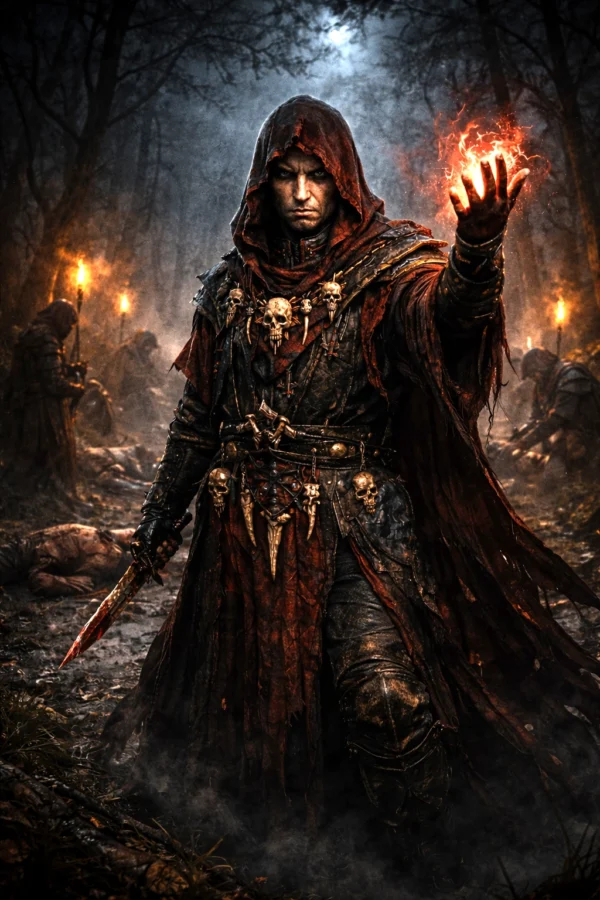 Bhaal Cultist Adept performing a dark ritual on a misty forest road