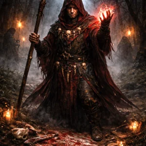 Dark fantasy illustration of a Bhaal Cultist Mage casting blood magic during a nighttime ritual in a forest.
