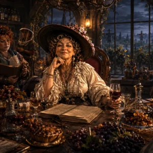 Blossom Snobeedle seated inside the Snobeedle Meadery surrounded by wine and hidden tension.