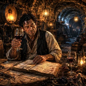 Bramble Snobeedle seated alone inside the Snobeedle wine cellar surrounded by barrels and ledgers.