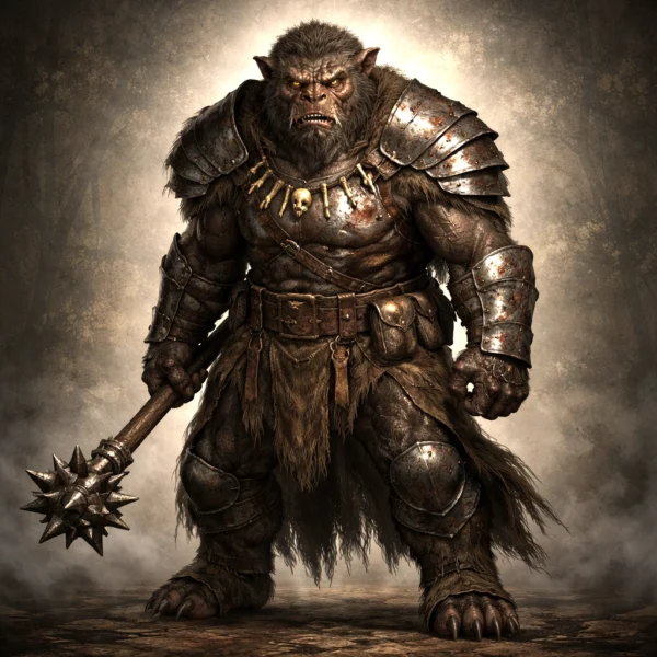 A detailed bugbear leader in half plate armor holding a morningstar, shown in a clean character-focused composition