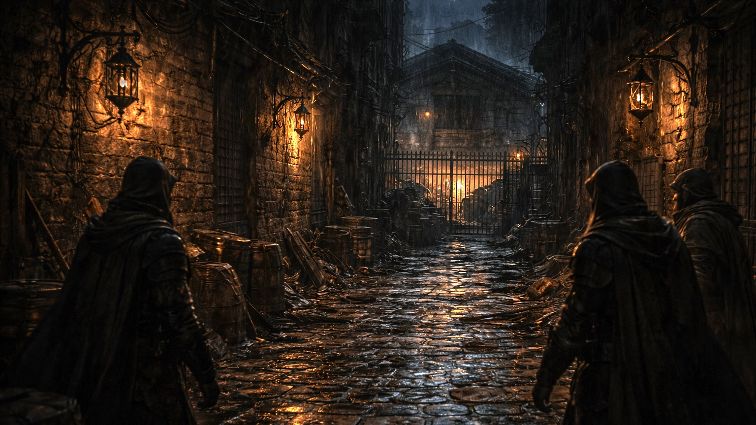 A dark Waterdeep alley known as Candle Lane, with broken lanterns and a shadowed warehouse at the far end.