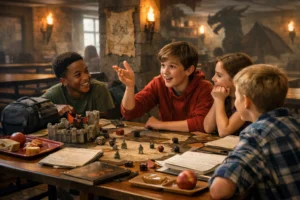Middle school students playing Dungeons & Dragons at a cafeteria table during lunch