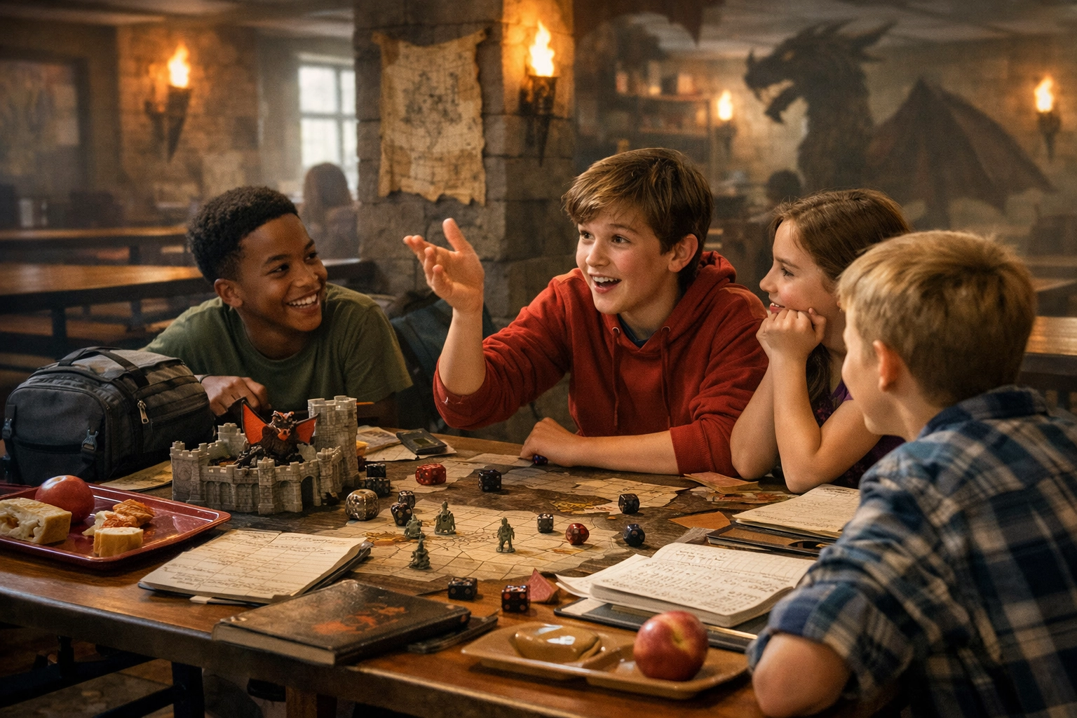 Middle school students playing Dungeons & Dragons at a cafeteria table during lunch