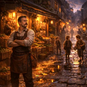 Appleton Family in Trollskull Alley outside their grocery shop, a network of street-smart children and their father creating a living urban system in a Dungeons & Dragons setting