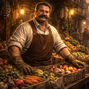 Portrait of Artis Appleton, a large human grocer with a mustache and apron in a fantasy market setting