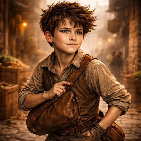 Portrait of Bertie Appleton a young human boy with a satchel in a fantasy city setting