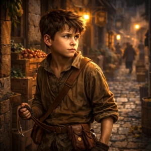 Hughie Appleton, an observant young boy in Trollskull Alley, holding a sling and watching from behind crates in a fantasy city setting