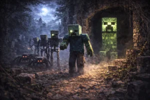 Minecraft-inspired hostile mobs emerging at night for a D&D creature feature