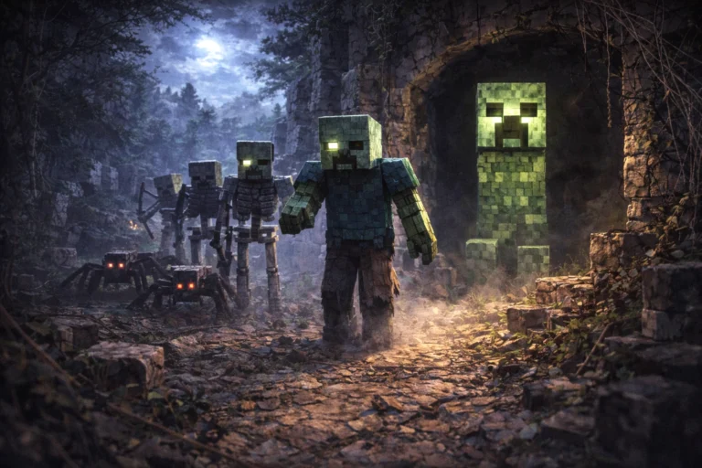 Minecraft-inspired hostile mobs emerging at night for a D&D creature feature
