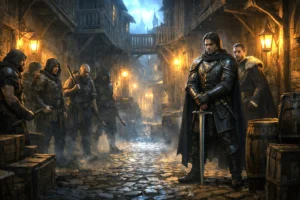 Urban faction confrontation in Waterdeep alley at dusk