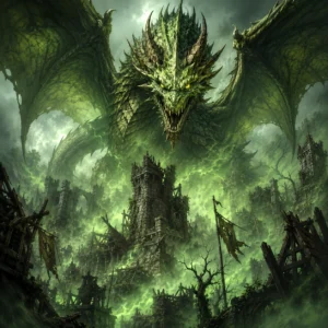 Venomfang Creature Feature Product Cover A green dragon rises above ruined forest village rooftops surrounded by poisonous fog.