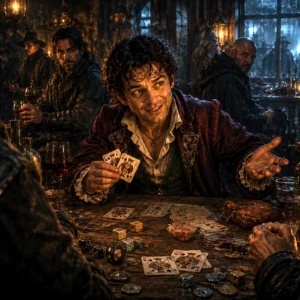 Dasher Snobeedle gambling recklessly inside a crowded Waterdeep tavern while dangerous figures watch nearby.