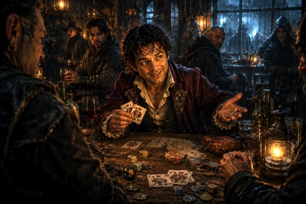 Dasher Snobeedle gambling recklessly inside a crowded Waterdeep tavern while dangerous figures watch nearby.