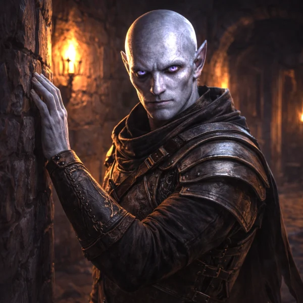 The Doppelganger Elite standing in shadowed stone corridor inside a fortified outpost.