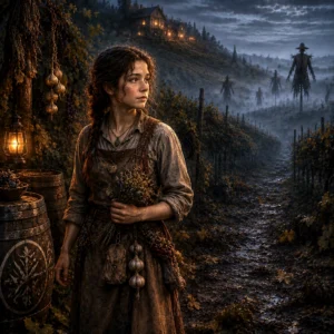 Fern Stoutfellow Creature Feature Product Image Fern Stoutfellow standing among haunted vineyard rows beneath looming scarecrows.