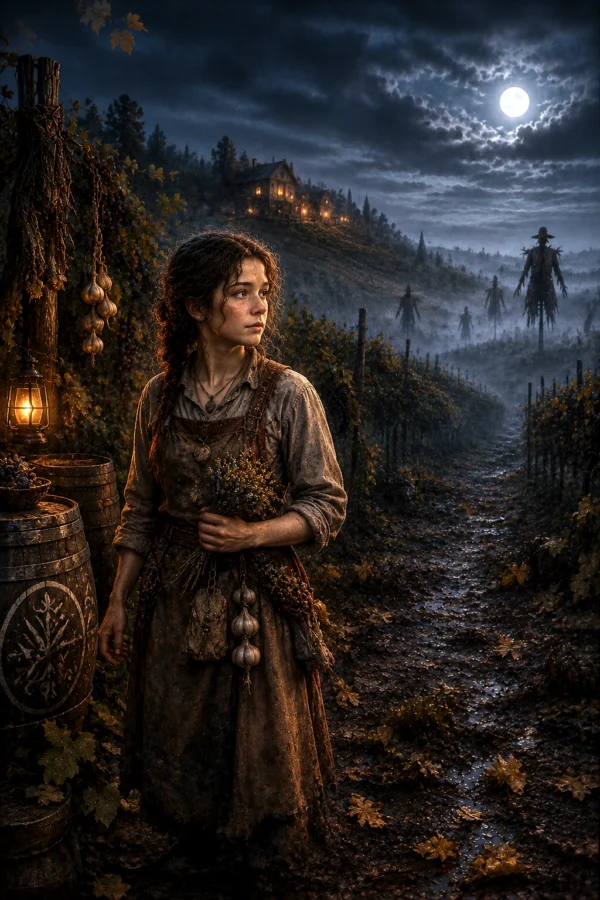 Fern Stoutfellow Creature Feature Product Image Fern Stoutfellow standing among haunted vineyard rows beneath looming scarecrows.