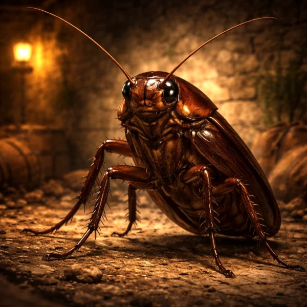 Detailed portrait of a giant cockroach with glossy chitin and long antennae