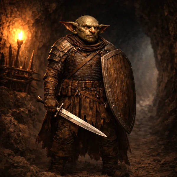 Goblin Guard defender holding a fortified tunnel entrance in a fantasy tabletop RPG monster illustration