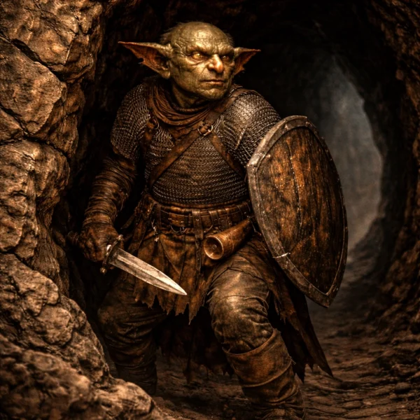 A goblin sentry in chain armor stands alert in a tunnel entrance, ready to raise the alarm.