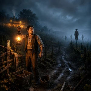 Jack Stoutfellow Creature Feature Product Image Jack Stoutfellow holding a lantern beside damaged vineyard fencing in a haunted field.