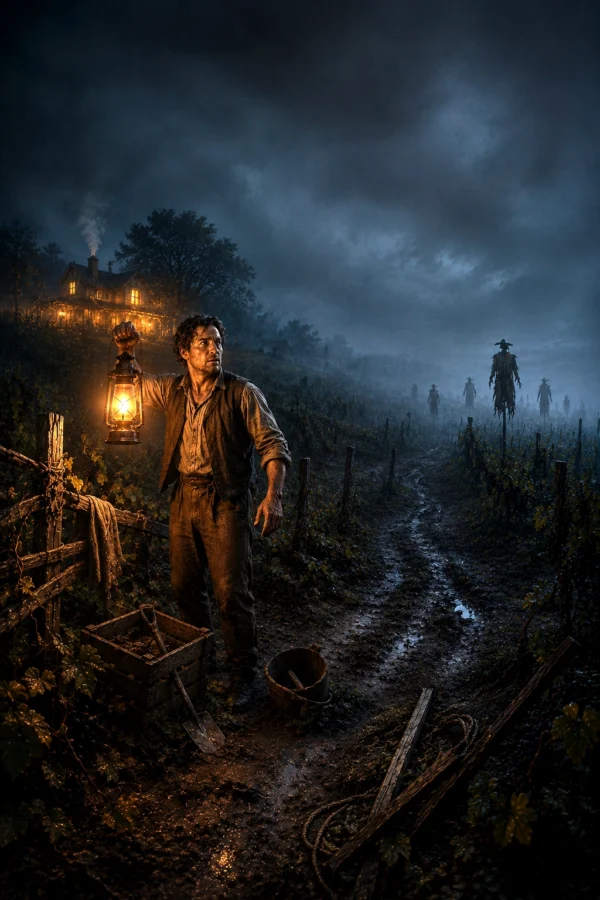 Jack Stoutfellow Creature Feature Product Image Jack Stoutfellow holding a lantern beside damaged vineyard fencing in a haunted field.