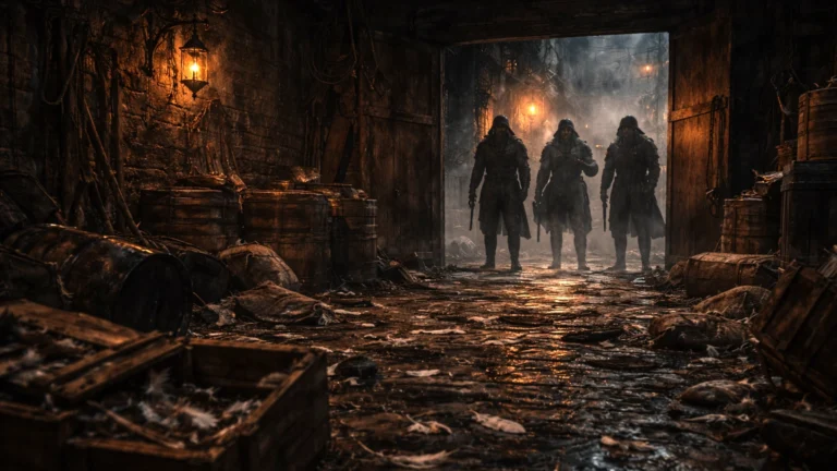 City Watch lanterns illuminate a Dock Ward warehouse after a raid in Waterdeep