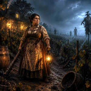 Mary Stoutfellow standing in her vineyard surrounded by scarecrows and creeping fog.
