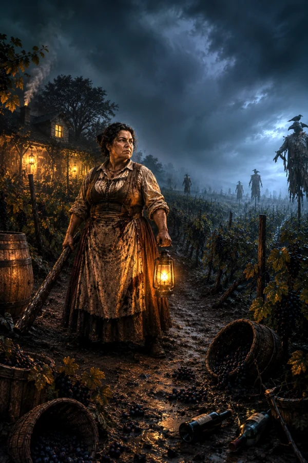 Mary Stoutfellow Creature Feature Product Image Mary Stoutfellow standing in her vineyard surrounded by scarecrows and creeping fog.
