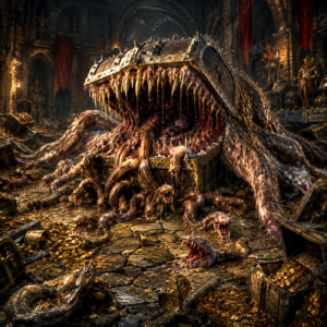 The Mimic Broodmother lurking among treasure and ruins within an abandoned castle.
