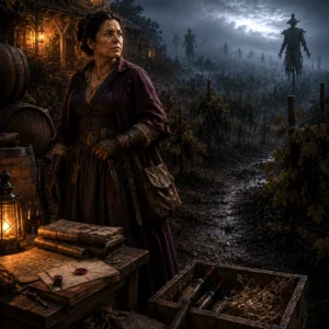 Mirabel Stoutfellow standing among vineyard crates and ledgers while watching fog-covered fields.