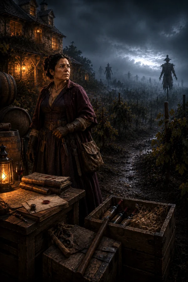 Mirabel Stoutfellow standing among vineyard crates and ledgers while watching fog-covered fields.